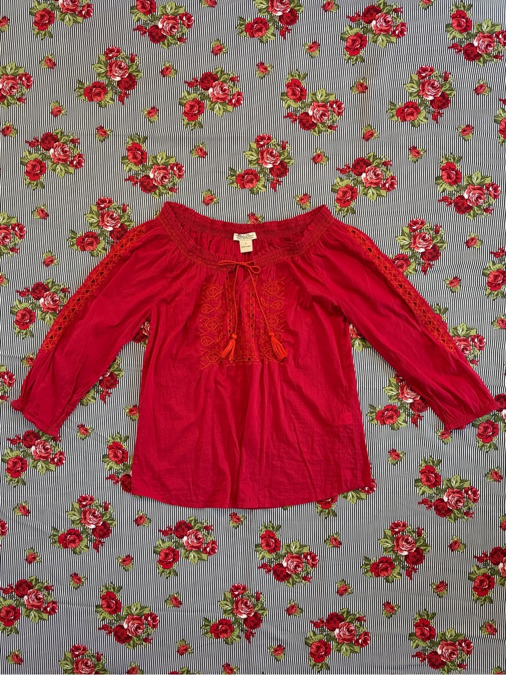 Lucky Brand Red Embroidered Peasant Top with Tassel Tie